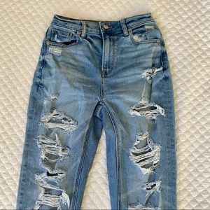 American Eagle Distressed Light Blue High Rise Denim Mom Jeans Size 0 Regular